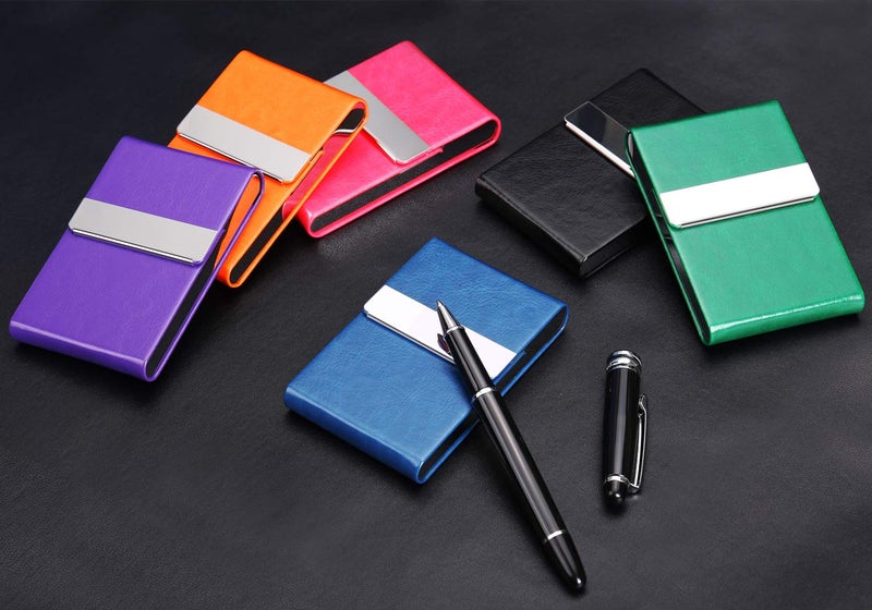 JuneLsy Business Card Holder Case - Professional PU Leather Business Card Case Metal Name Card Holder Pocket Business Card Carrier for Men & Women with Magnetic Shut (S-orange) - Image 2